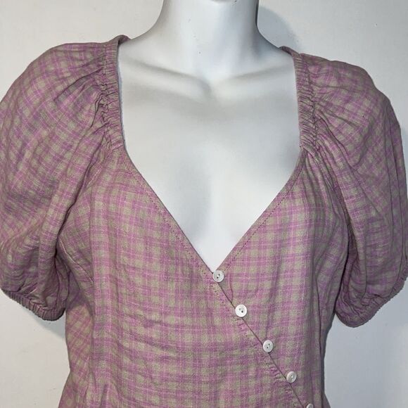 MADEWELL Linen-Blend Puff-Sleeve Button-Wrap Top in Lavender Plaid-S - Picture 3 of 9